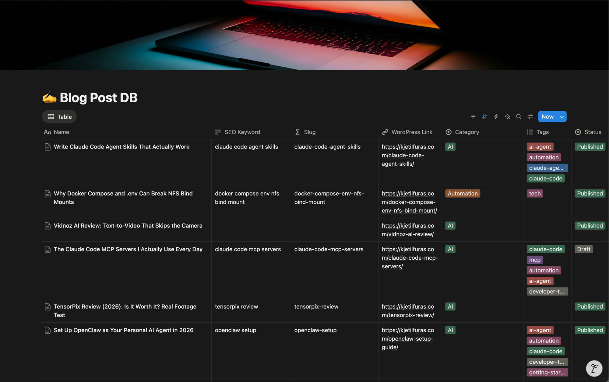 Notion Blog Post database with multiple rows filled in: each post has SEO Keyword, Slug, WordPress Link, Category, Tags, and Status (Published or Draft) — the working SEO-optimized state