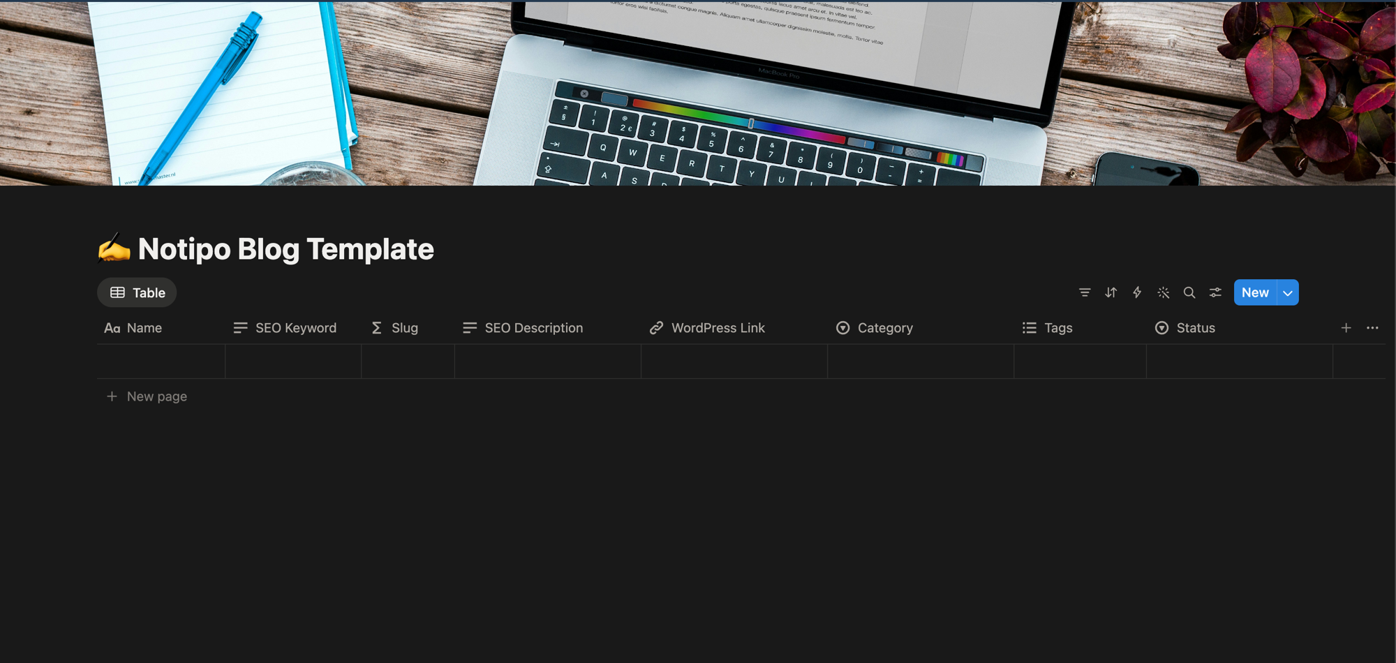 Empty Notion Blog Template database with columns for Name, SEO Keyword, Slug, SEO Description, WordPress Link, Category, Tags, and Status — the starting point before applying the SEO checklist