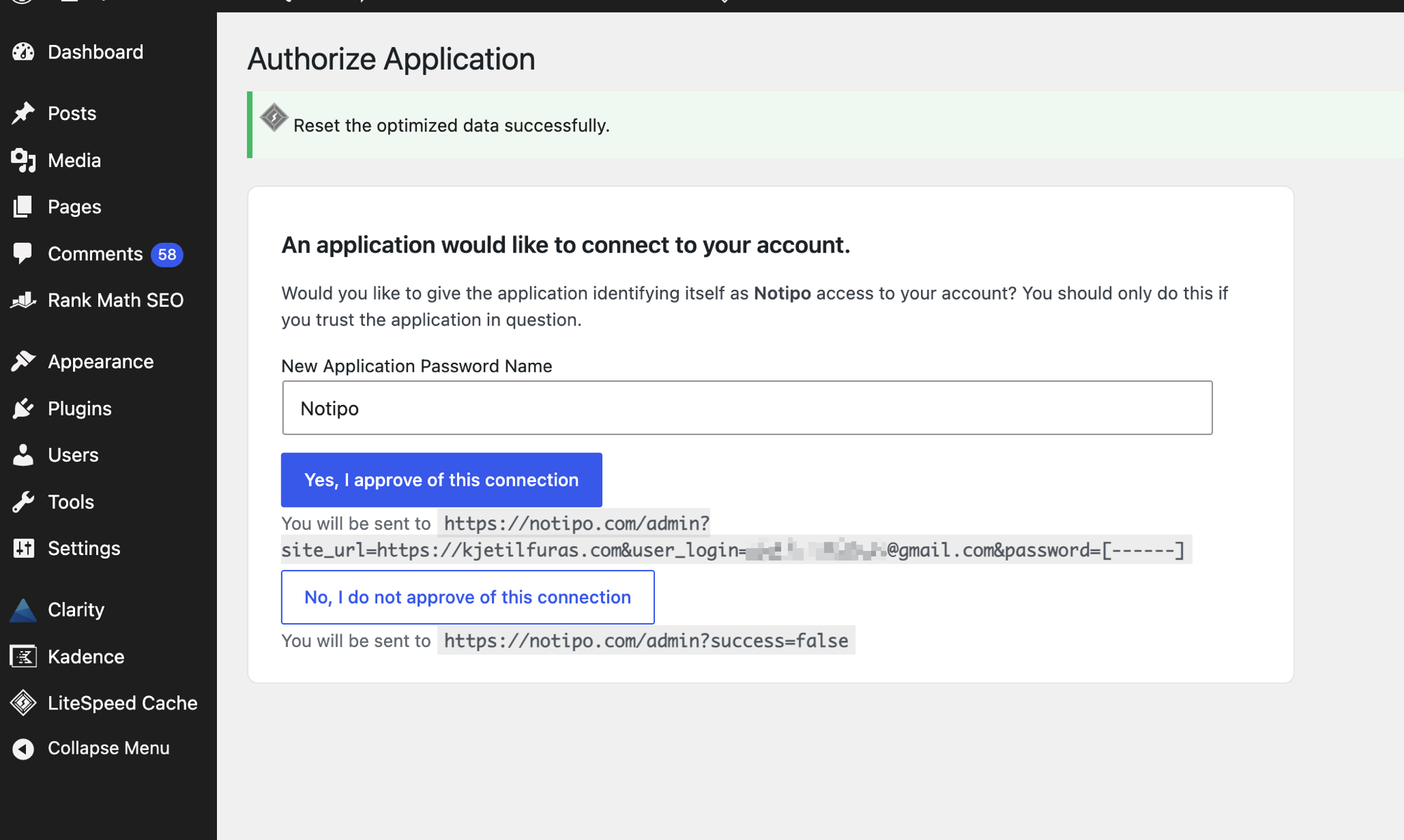 WordPress Application Passwords approval screen showing Notipo requesting access — one-click Approve button connects Notipo to WordPress without installing a plugin