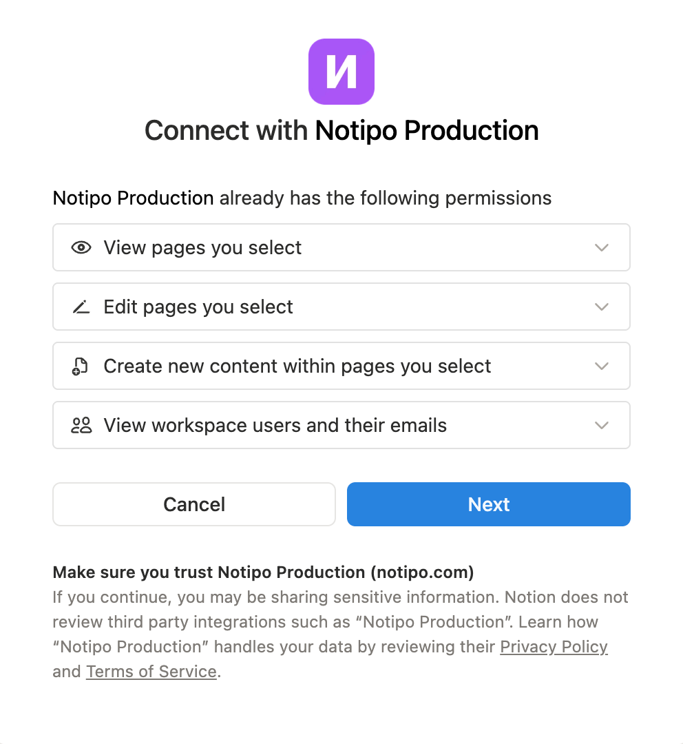 Notion OAuth permissions screen showing Notipo requesting view, edit, and create access