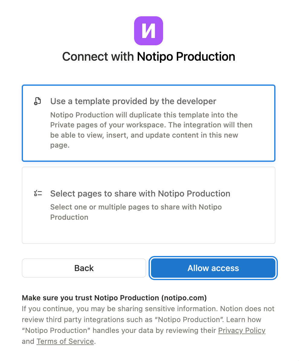 Notion OAuth template selection screen with 'Use a template provided by the developer' option highlighted